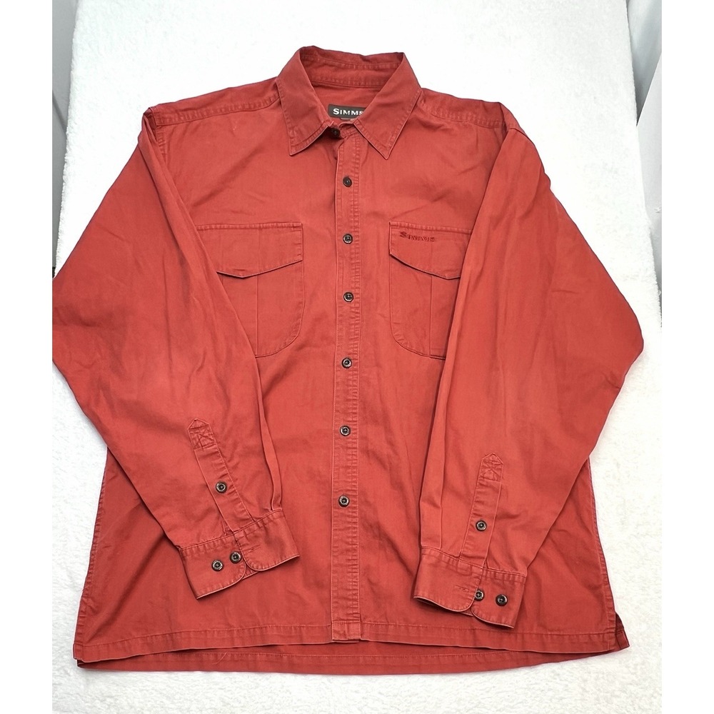 Simms Mens Fishing Shirt Long Sleeve Button Up Rust Red Cotton Size Large L